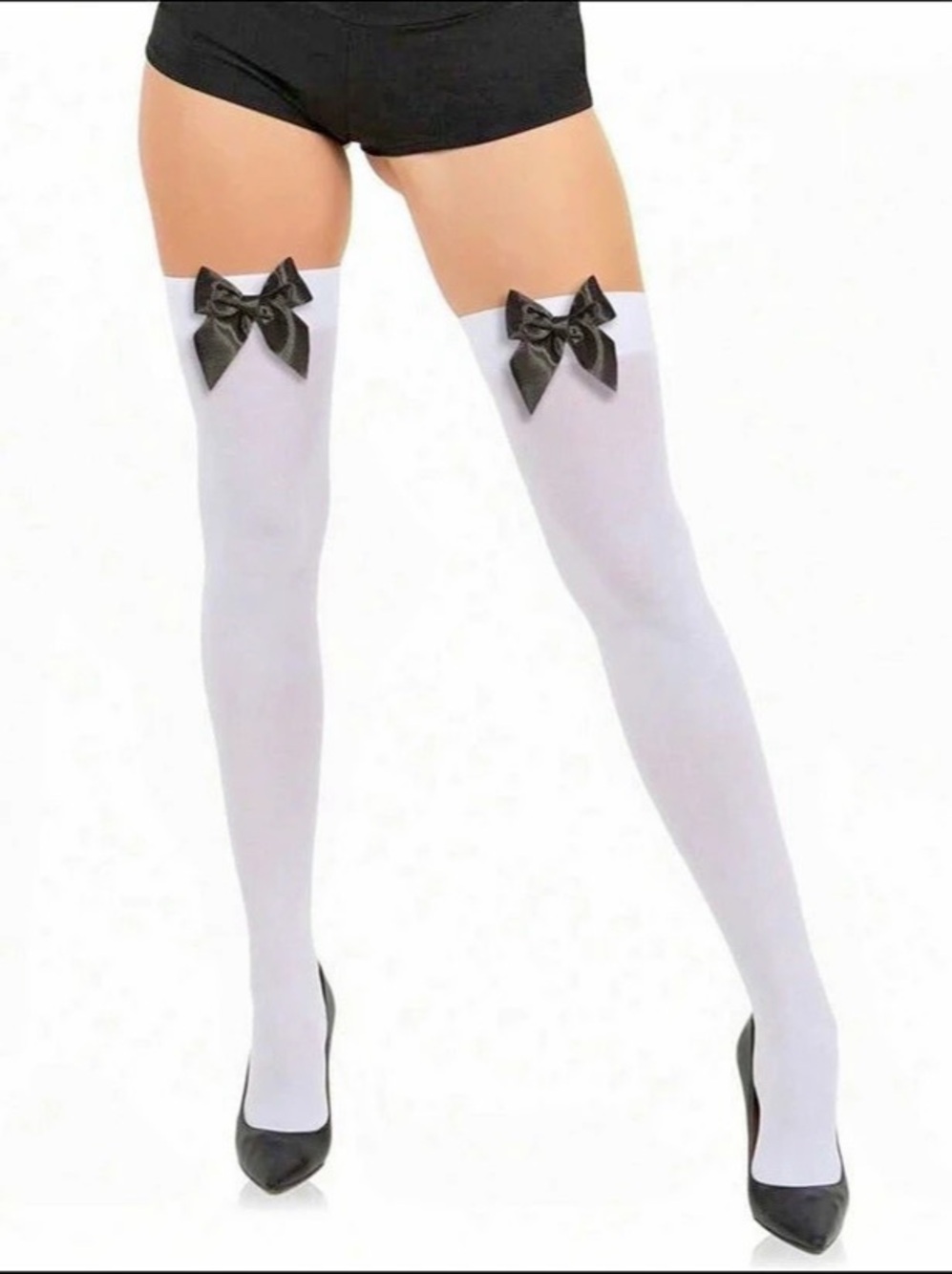 Satin Bow Accent Opaque Thigh Highs White & Black